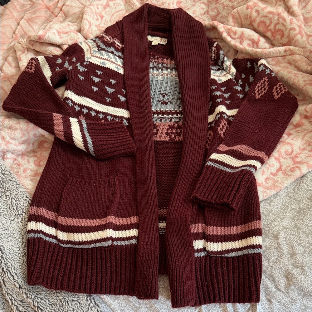 Pink Republic Maroon and Cream Patterned Cardigan